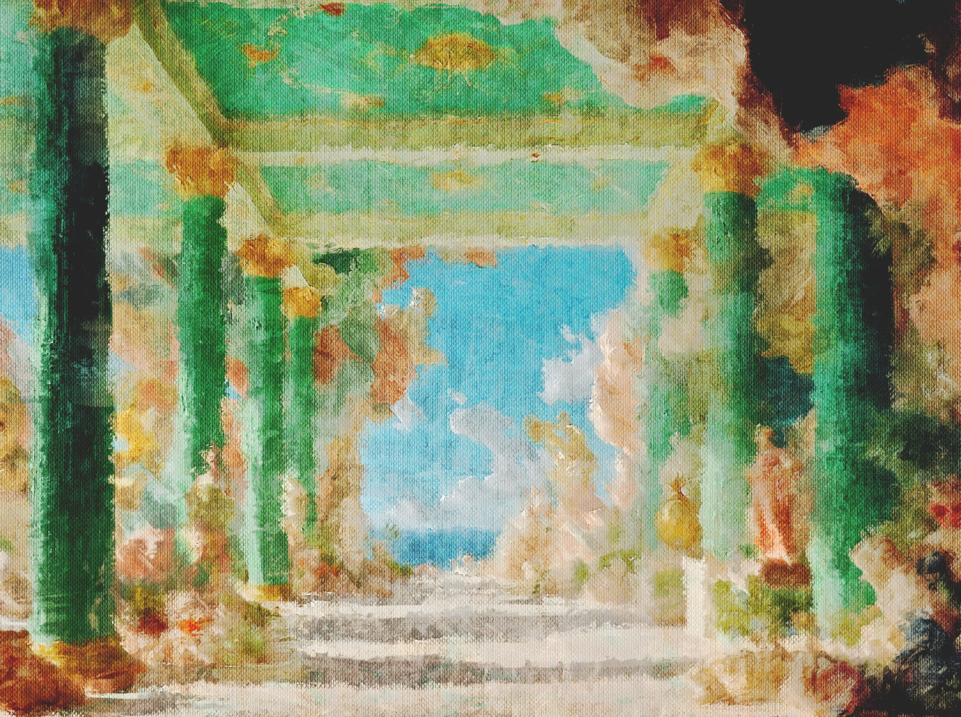 Oil painting of a grand colonnade with light filtering through columns