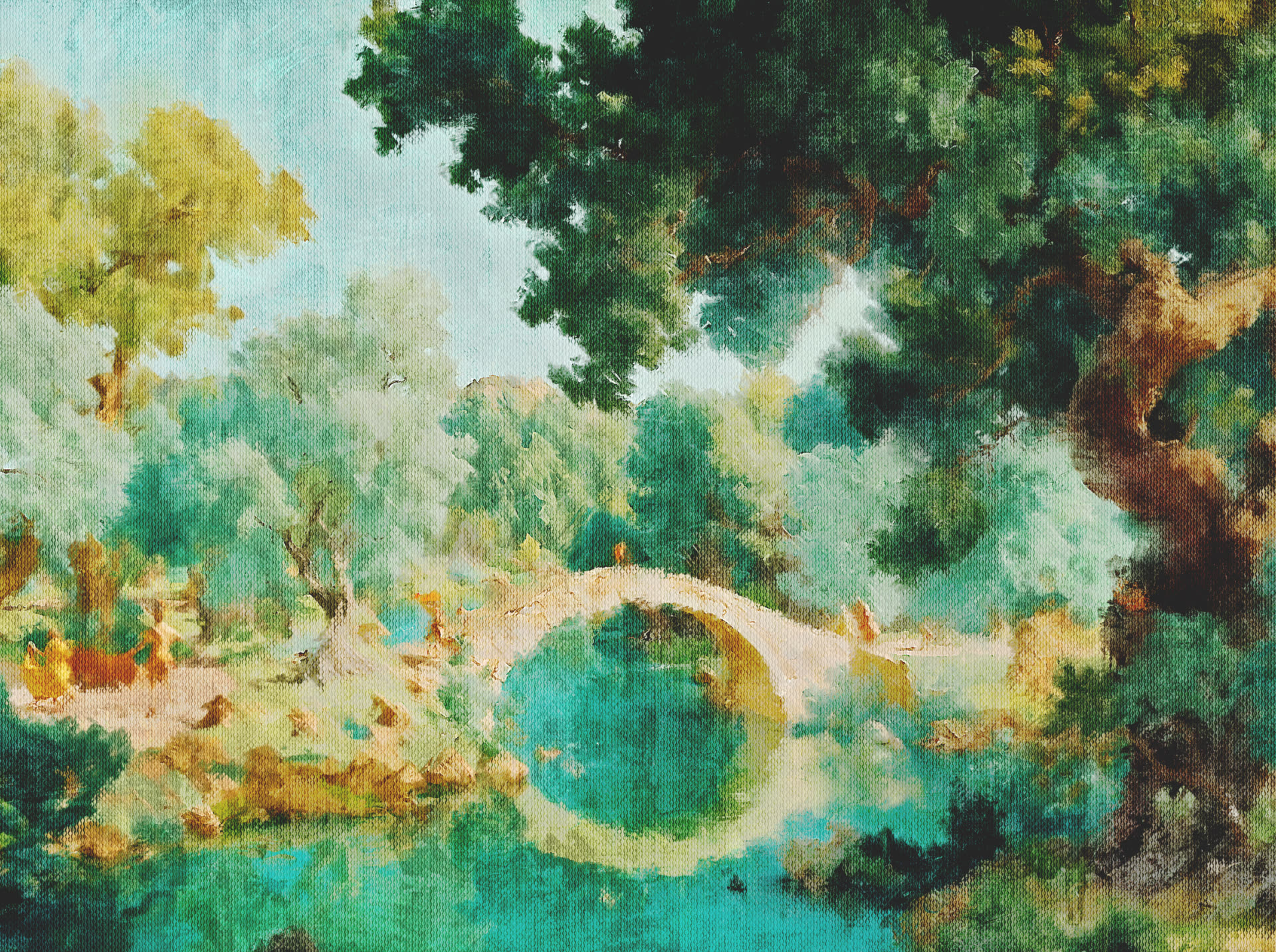 Oil painting of a stone bridge over a tranquil river in a wooded landscape