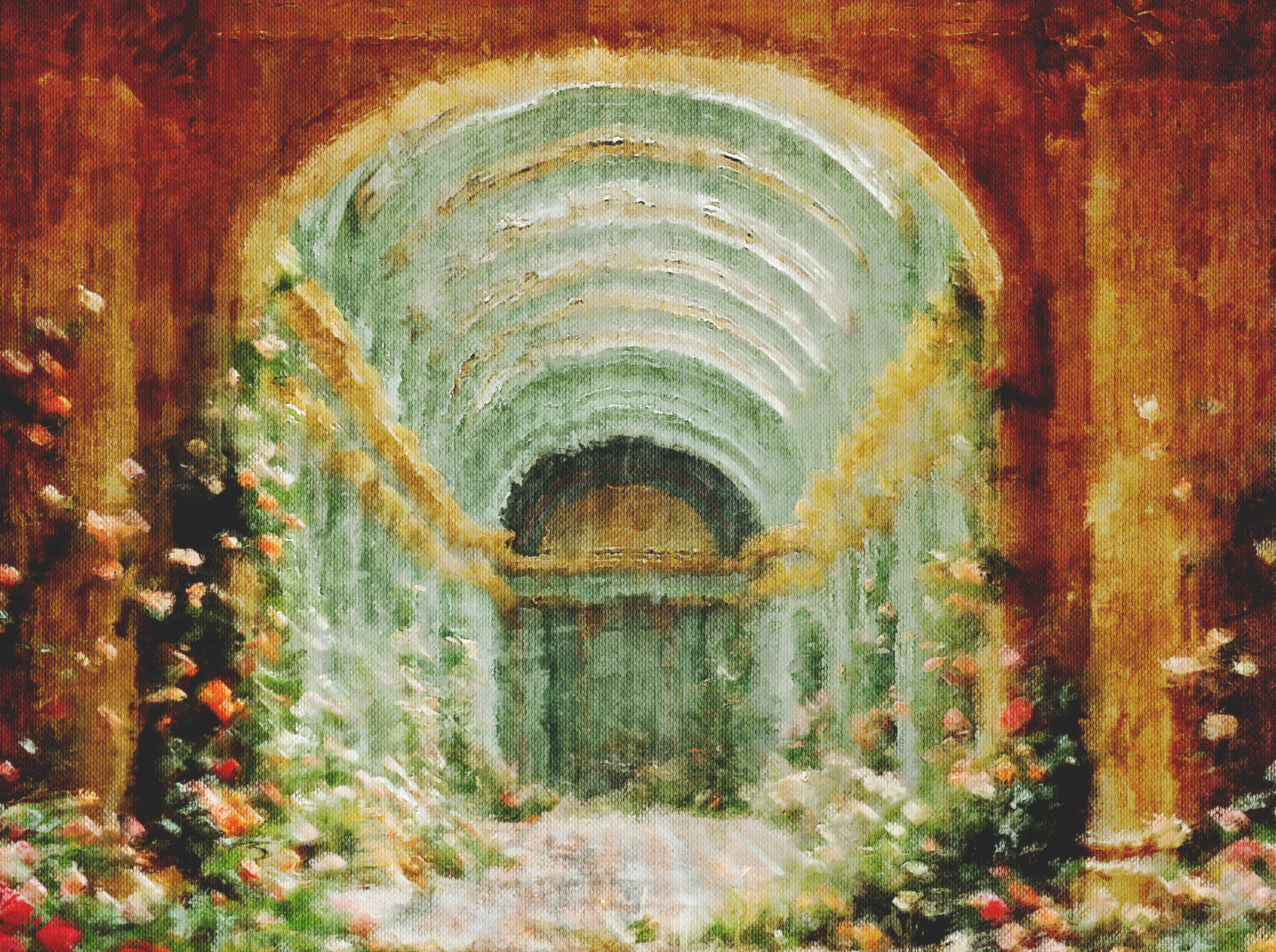 Oil painting of a vaulted stone passage with warm light beyond