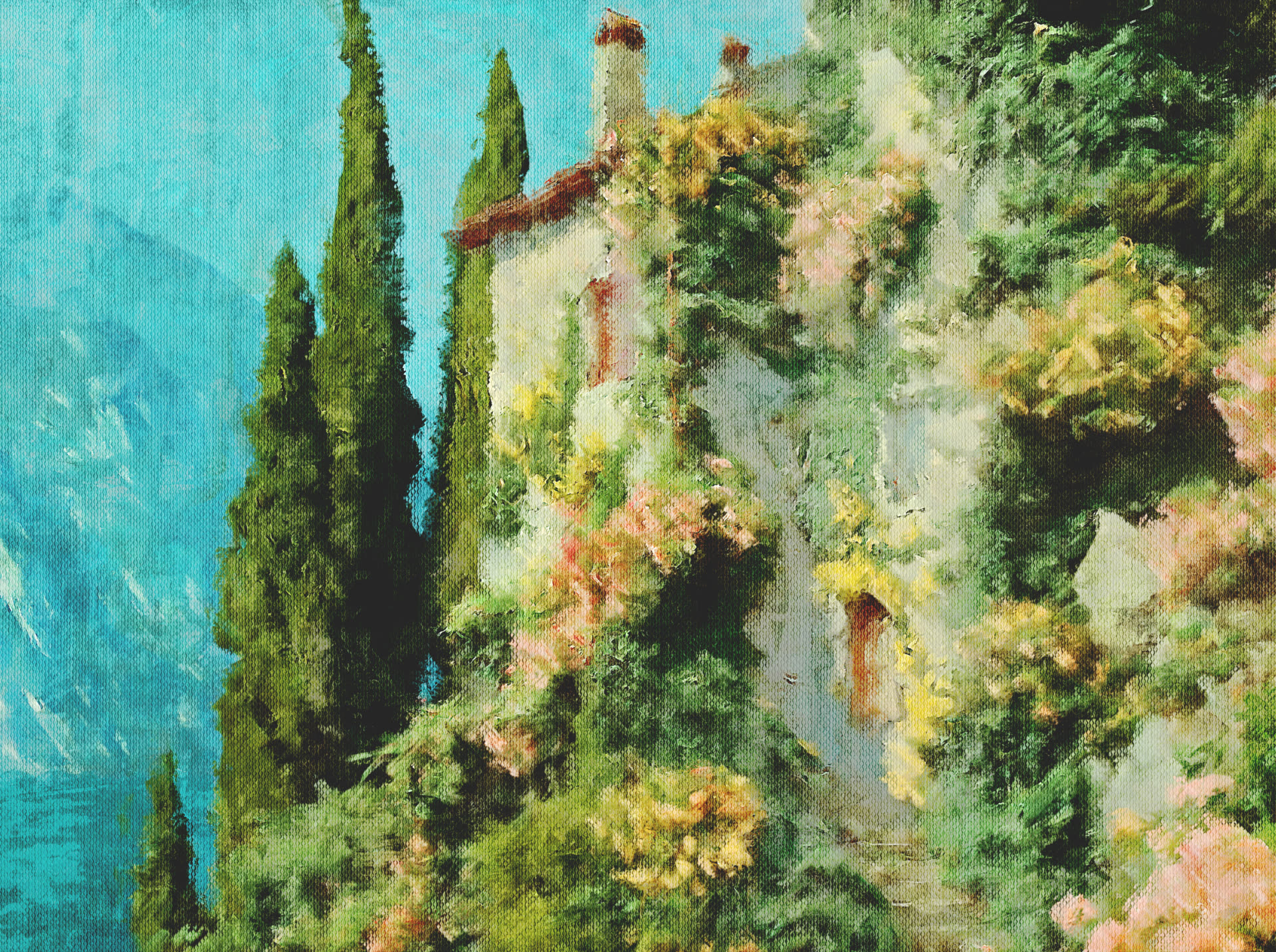 Oil painting of a Mediterranean villa framed by cypress trees
